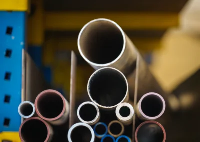 Assorted metal pipes in various sizes on a rack with a yellow background.